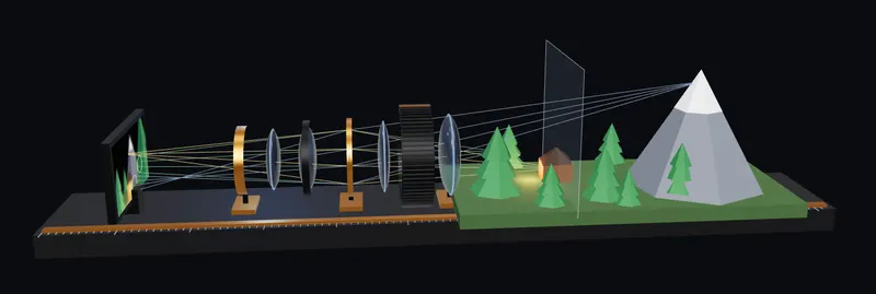 Das Linsenlabor: Objektiv auf einer optischen Bank, davor ein kleines Diorama mit Baum, Hütte und Berg